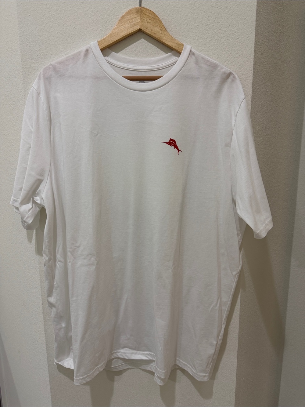 Tommy Bahama White Short Sleeve Tee with Red Dolphin Accent